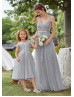 Cute Gray Lace Tulle Tea Length Flower Girl Dress